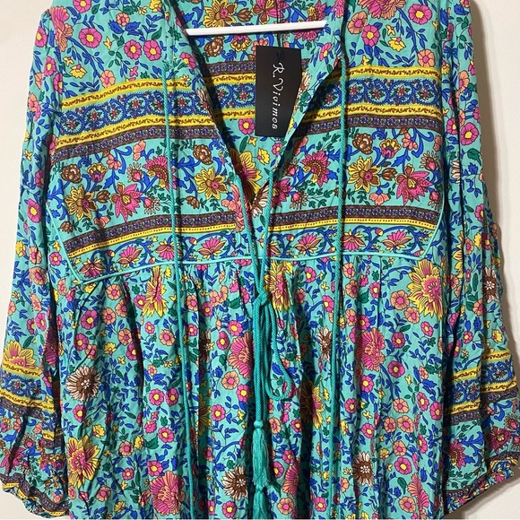 R. Vivimos Size M Floral Pastel Aqua Bohemian Flowy Midi Dress - Picture 3 of 5